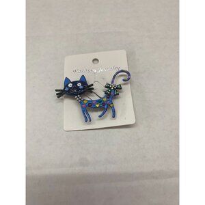 Kawaii Blue Cat Brooch with Rhinestones & Polka Dots & Hearts NWOT